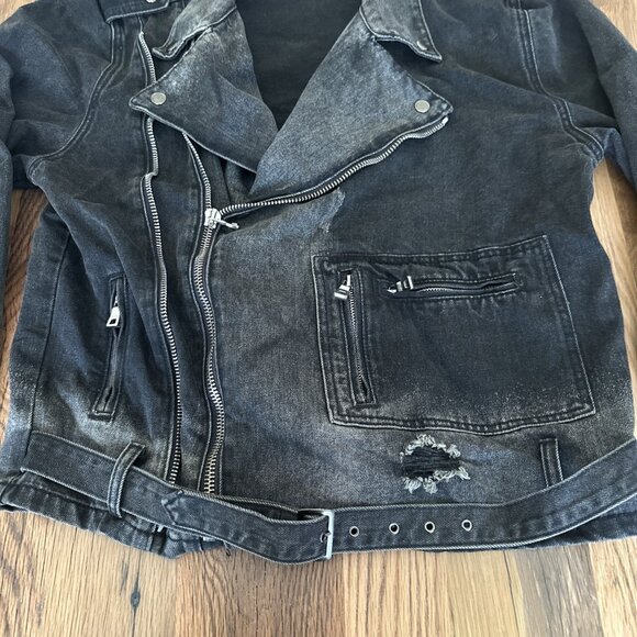 BALMAIN Paris Crach Double Rider Mens Denim Jacket Black/Gray Italy Money - Picture 3 of 16